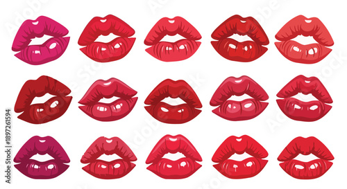 Collection of vibrant red and pink lipstick kiss marks on a white background.