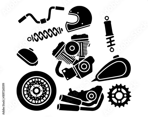 Flat vector vintage cruiser motorcycle silhouette, detailed engine block and exhaust pipes, clean white background