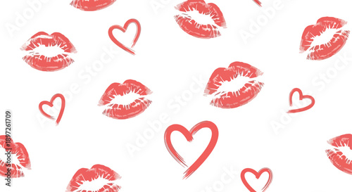 Red lipstick kiss marks and hearts on a white background.