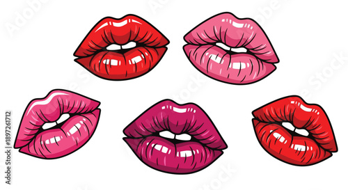 Vibrant pop art style lips in various shades of red and pink.