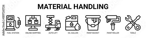 Material Handling web banner icon vector illustration concept with icon of Fuel Station, Online Shipping, Auto Lift, Oil Gallon, Paint Bucket, Paint Roller, and Tools.