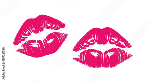 Vibrant pink lipstick kiss marks on a white background.