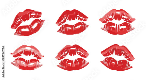 Red lipstick kiss marks set isolated on white background.