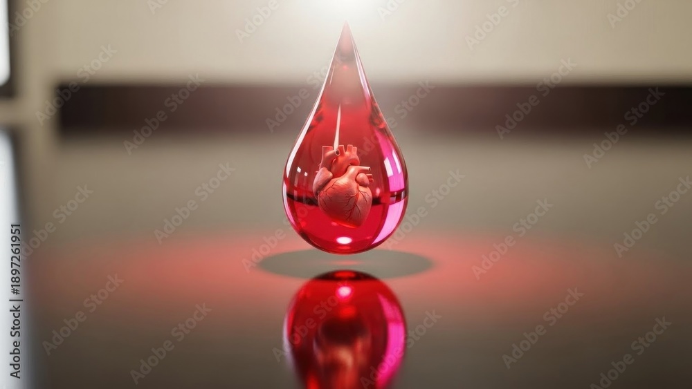 Obraz premium A red drop of blood with a heart inside, set against a blurred background.