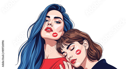 Two women with lipstick kisses on their faces, one with blue hair, the other with brown hair.