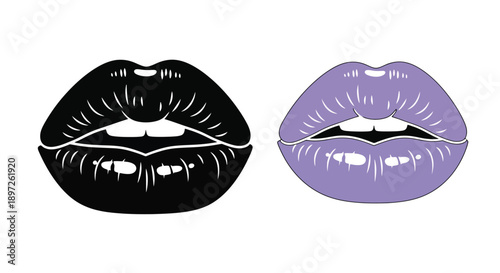 Two pairs of glossy lips, one black and one purple, with a slight opening revealing teeth.