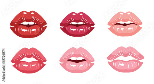 Collection of six glossy female lips in various shades of red and pink.