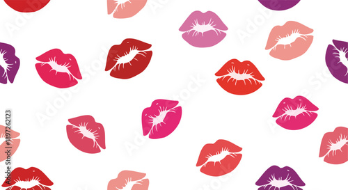 Colorful lipstick kiss marks scattered on a white background.