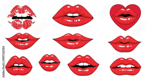 Collection of vibrant red lips in various shapes and expressions.
