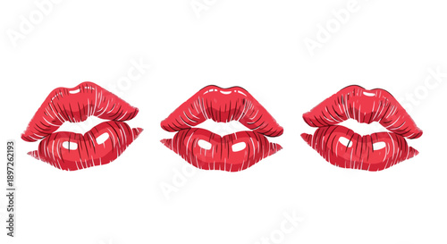 Three vibrant red lipstick kiss marks on a white background.