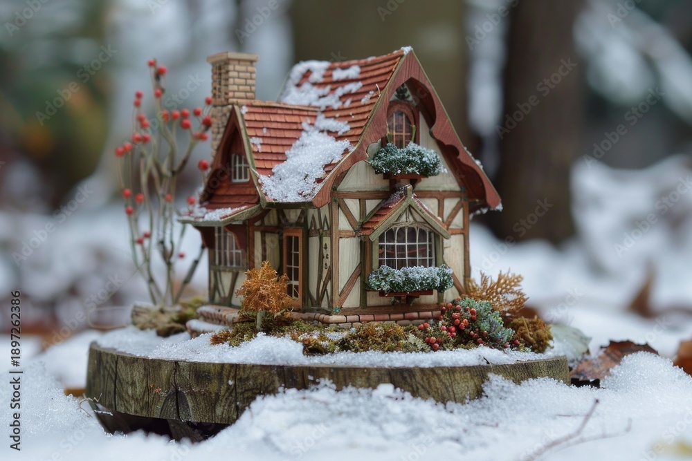 Fototapeta premium Small tudor style cottage model sitting on a tree stump covered in snow in a winter forest setting