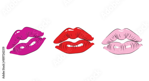 Three colorful lip prints in different shades of pink and red.