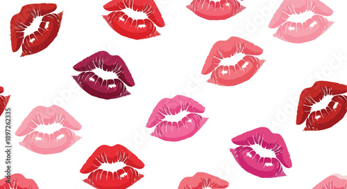 Vibrant lipstick kiss marks in various shades of red and pink.