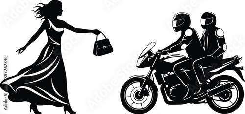 Silhouette vector illustration of woman with handbag facing motorcycle riders, dynamic black-and-white design symbolizing interaction, narrative, and urban lifestyle for creative projects