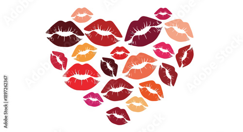 Heart shape made of colorful lipstick kiss prints on a white background.
