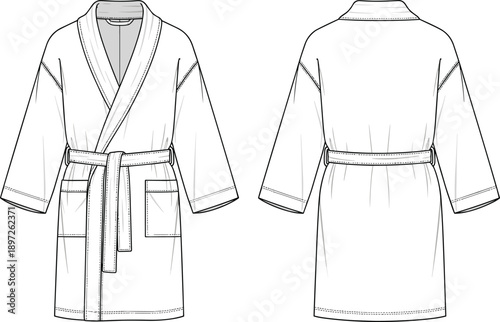 Technical bathrobe vector illustration showing front and back views, garment design with shawl collar, belt, patch pockets, stitching lines, and seam construction details