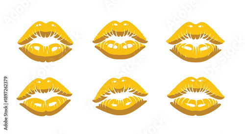 Golden lips set isolated on white background.