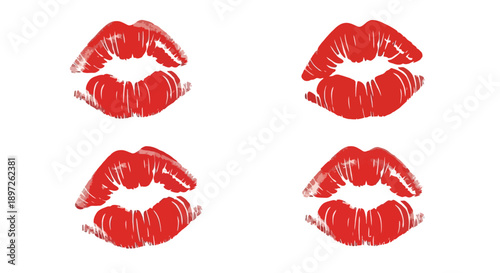 Four vibrant red lipstick kiss marks on a white background.