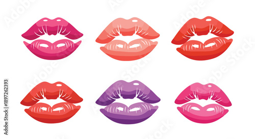 Vibrant collection of six glossy lip prints in various shades, showcasing different lipstick colors and textures.