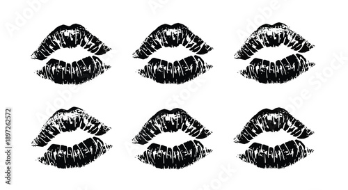 Six black lipstick kiss prints on a white background.