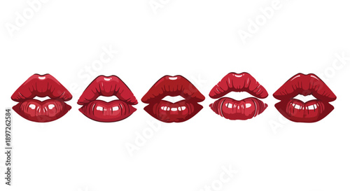 Five vibrant red lips in a row, showcasing various expressions.