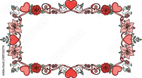 Ornate floral frame with hearts, roses, lilies and doves