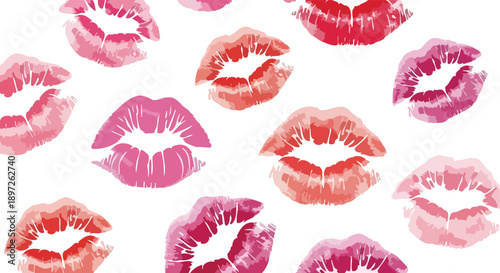 Vibrant watercolor lip prints in various shades of pink and red.