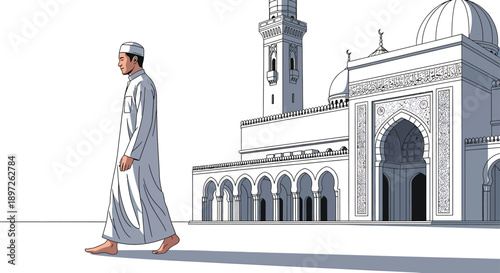 Man walking towards mosque for prayer