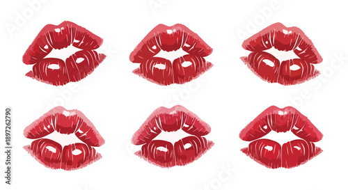 Six vibrant red lip prints arranged in two rows on a clean white background.