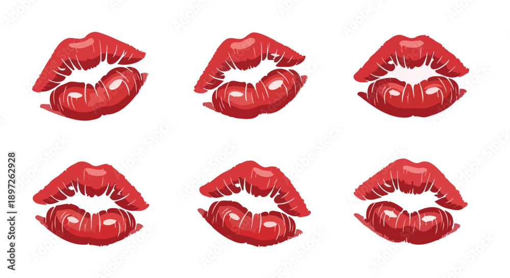 Fototapeta premium Six vibrant red lipstick kiss marks on a white background.