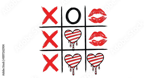 Tic Tac Toe Game with Hearts Kisses and XOXO Symbols.