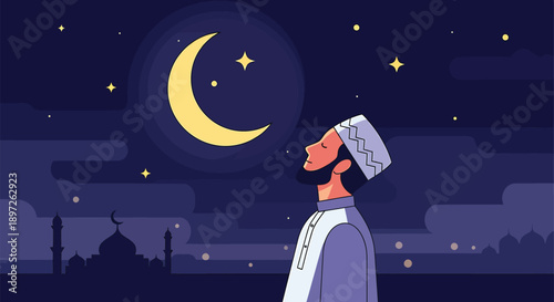 Man gazing at crescent moon on a starry night