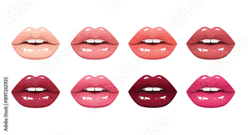 Collection of glossy female lips in various shades of lipstick.