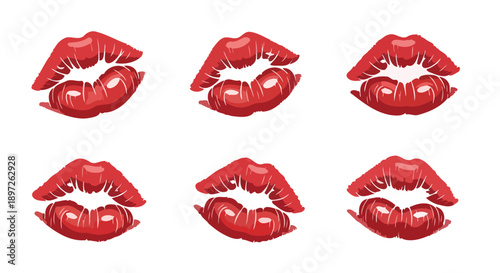 Six vibrant red lipstick kiss marks on a white background.