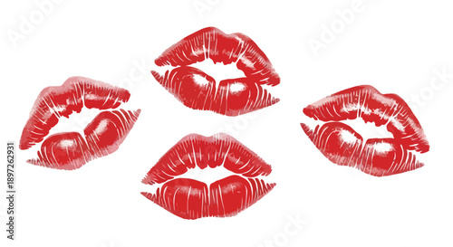Four vibrant red lipstick kiss marks on a clean white surface.