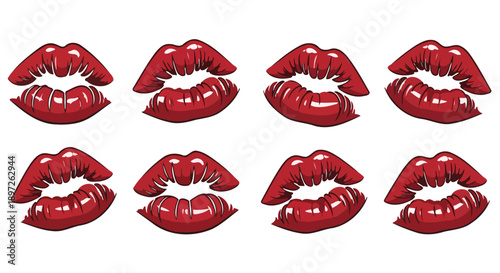 Collection of vibrant red lip prints showing various expressions.