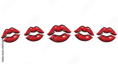 Five vibrant red lipstick kiss marks in a row.