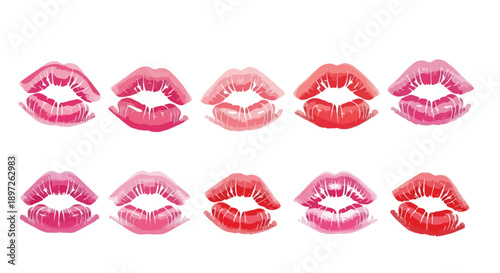 Vibrant collection of ten distinct lipstick kiss prints in various shades of red and pink.