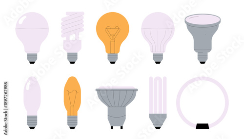 Light bulbs, electric lamp types. LED, fluorescent, incandescent, halogen and HID lighbulbs, modern and vintage electricity, illumination. Flat vector illustrations isolated on white background.