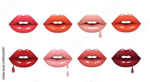 Collection of glossy lips with dripping lipstick in various vibrant colors.