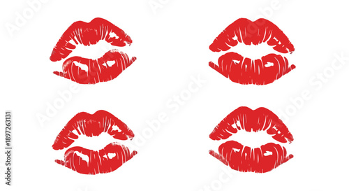 Vibrant Red Lipstick Kiss Marks on White Background.