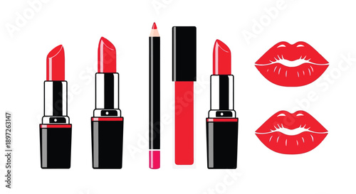 Vibrant Red Lipstick and Lip Liner Collection with Kiss Marks.