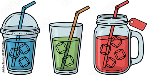 Adorable Iced Coffee and Juice Drink Icons in Hand Drawn Vector Style
