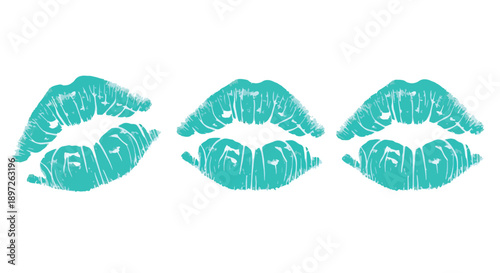 Three vibrant teal lipstick kiss prints on a clean white background.