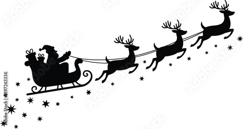 Silhouette of Santa Claus in his sleigh pulled by reindeer with gifts and stars against a white background for holiday