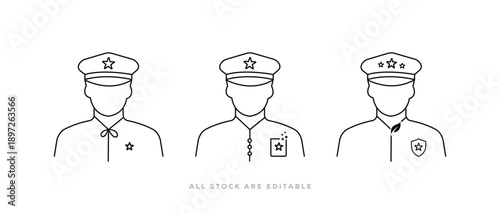Police officer avatar line icon set. Thin line security guard people icon. policeman characters. Vector Illustration  