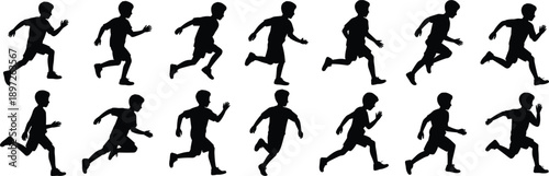 Silhouette of a young boy running in various dynamic poses across a white background illustrating motion and athleticism