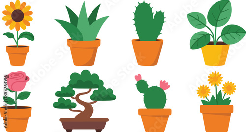 Cute Potted Plant and Flower Illustration Collection in Flat Vector Style