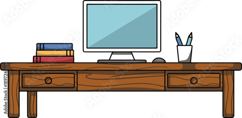 Home Study Desk with Computer and Stationery Flat Vector Design