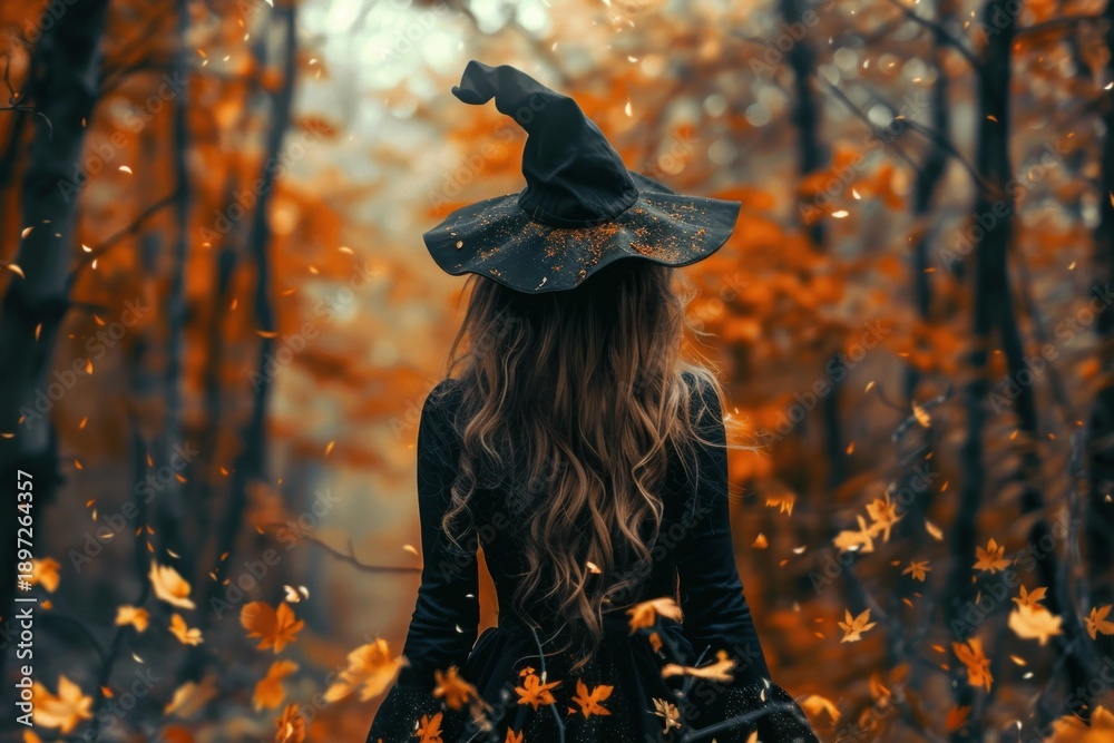 Fototapeta premium Witch with long brown hair and black pointed hat walking in a forest in autumn with falling leaves